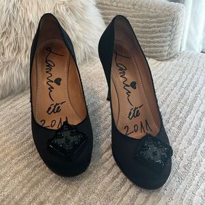 Lanvin black satin pumps with bead detail